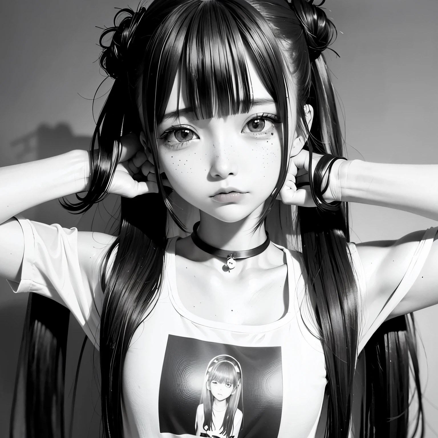 1 girl, Idol, close-up, clavicle, ,, photograph, membrane, Depth of Field , skin texture, T-Shirts, rubber band, Top Knot, Long Hair, My hair is messy, Freckles,