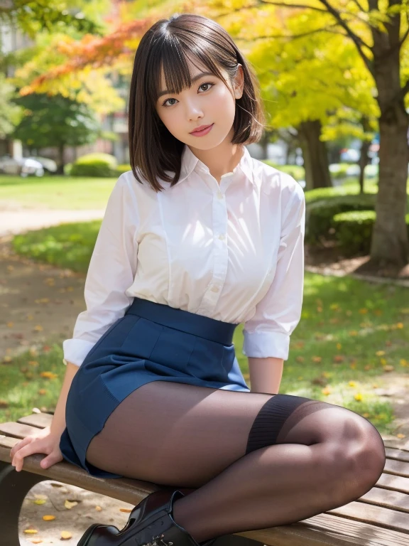 Pure young Japanese office girl, outstanding body, beautiful legs, wearing formal business suits and blouse and skirt, (pantyhose), high heels, vivid makeup, natural short hair styles, sexual smile, sitting, spread wide legs, lift up skirt, professional portrait photography, dazzling summer sunlight,
