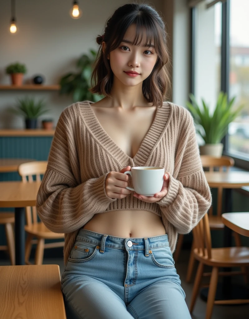 ((1950s-levis vintage jeansを穿く)), ((Old Nordic cafe)), ((I'm wearing a large knit )), ((Holding mugs in both hands)), (( DRINK COFFEE )), (masterpiece), ((Horizontal droopy eyes)), ((Beautiful thighs)), ((Beautiful hipline)), ((Beautiful belly button)), 超 high resolution on down, ((sand suede engineer boots))、(( tousled medium hair))、((Face after waking up)), cute、 small breasts、21 years old、1people、 very beautiful Japanese idol 、Best Quality、Genuine、 high resolution on down,  soft light, Beautiful and sophisticated nose,  beautiful eyes,  Movie Lighting, ( Upscaled Images :1.3)、Slender body、 small breasts、Lots of houseplants、Early morning sunlight filtering through the trees、 DRINK COFFEE 、masterpiece、Best Quality、超 high resolution on down、超 high resolution on down, １people、日本people女性、美しい日本people女性、 super detailed faces on a mountain road at night,、 seductive smile 、 cute、 white skin、Fair skinの美しい肌、 Teal Eyelids、Beautiful symmetrical face、Small face、Beautiful small breasts、Genuineのpeople間の皮膚、whole body写真、詳細かつリアルなpeople体、Detailed and realistic skin、Highly detailed realistic face、Detailed and realistic eyes、Detailed and realistic lips、Detailed and realistic teeth、Detailed and realistic ears、Detailed and realistic hair、 beautiful hands、Highly detailed realistic legs、Realistic breasts down to the last detail、Realistic areola down to the last detail、Realistic nipples down to the last detail、Realistic female genitalia down to the smallest detail、Realistic vagina down to the last detail、Detailed and realistic clitoris、Realistic anus down to the last detail、細部までリアルなThick pubic hair、whole body、whole body白肌、Fair skin、Check and fix the skeleton、Pubic hair is thick、Thick pubic hair、 Completely naked、urination、 feel good expression 、Blushing cheeks and an ecstatic expression, Leaking urine、 anus on a leather sofa, Scandinavian-style cafe、Scandinavian interior、Wooden table, Concrete wall、Vintage furniture、Vintage feel