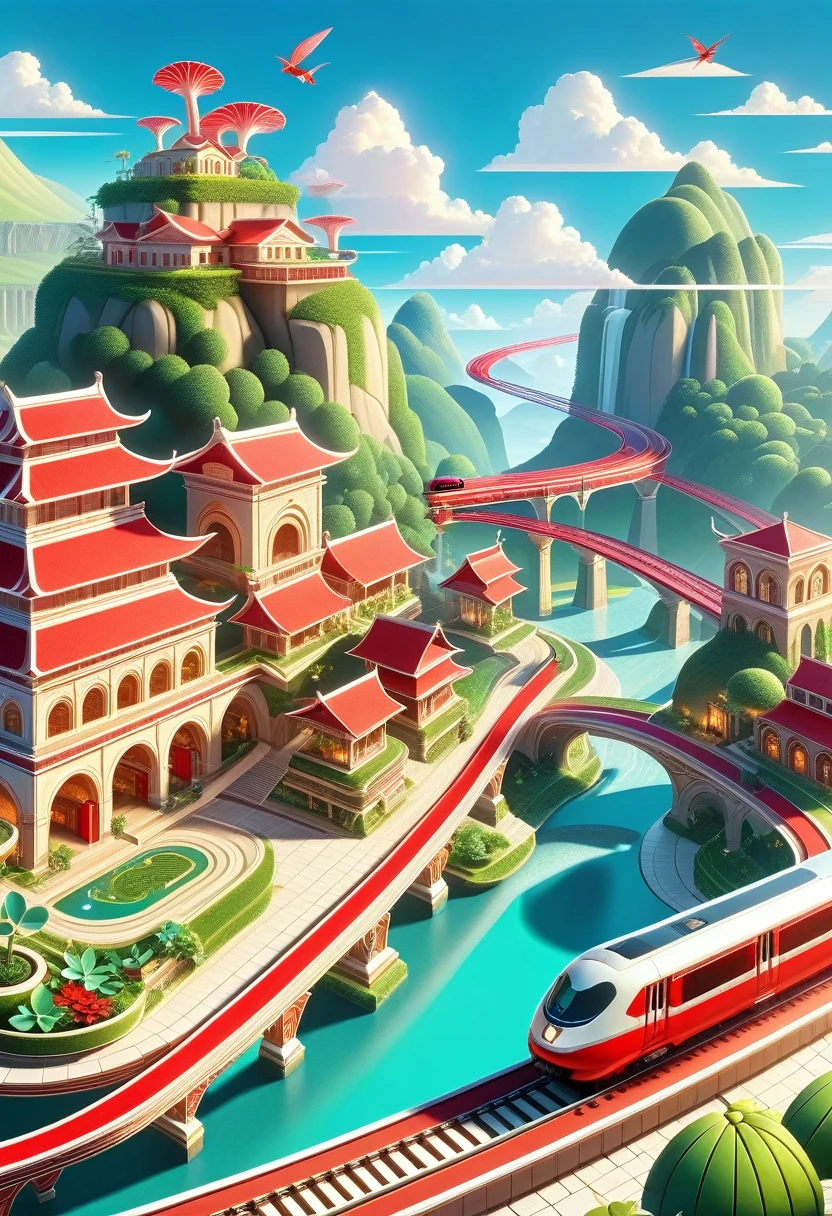  Digital Illustration ，flat style，flat，3d， platform ， magic station 。 train arrives  ， platform ， Ancient buildings， curved track ，  extra long red train station，  floating train  ：1.37，Train side ：1.37， aerial track ，Cute Elf， transparent train ， train full of plants ，High-end，Advanced，clean，Neat，