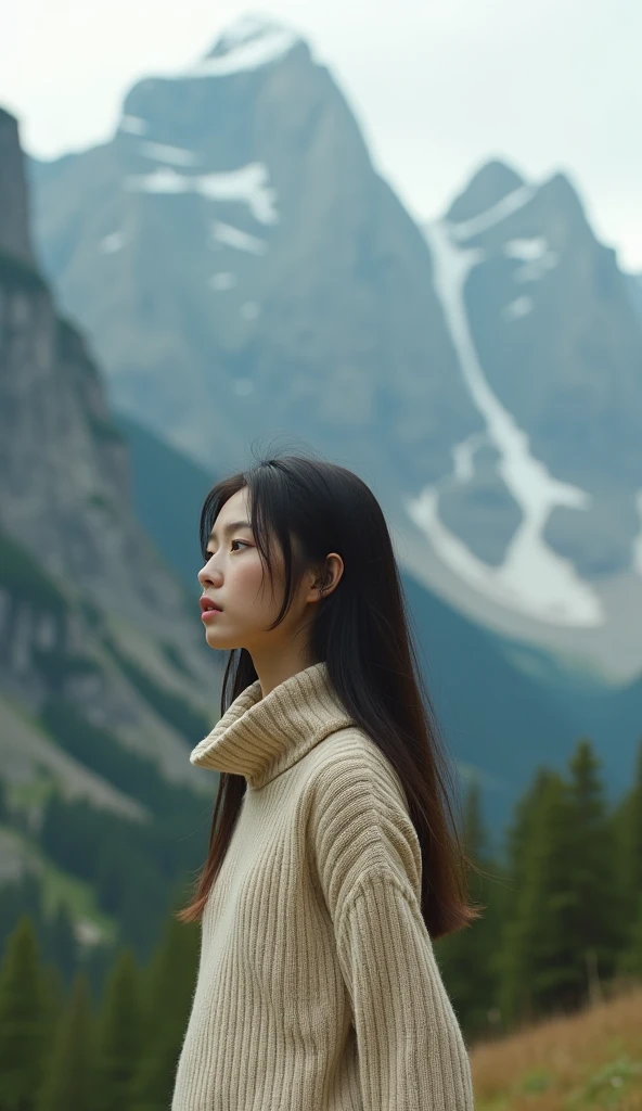 Best Quality,  absurd,  very detailed, In the mountains_this,  1 girl, Alone_concentrated,  please lower your hair 、High neck knit、 beige knit