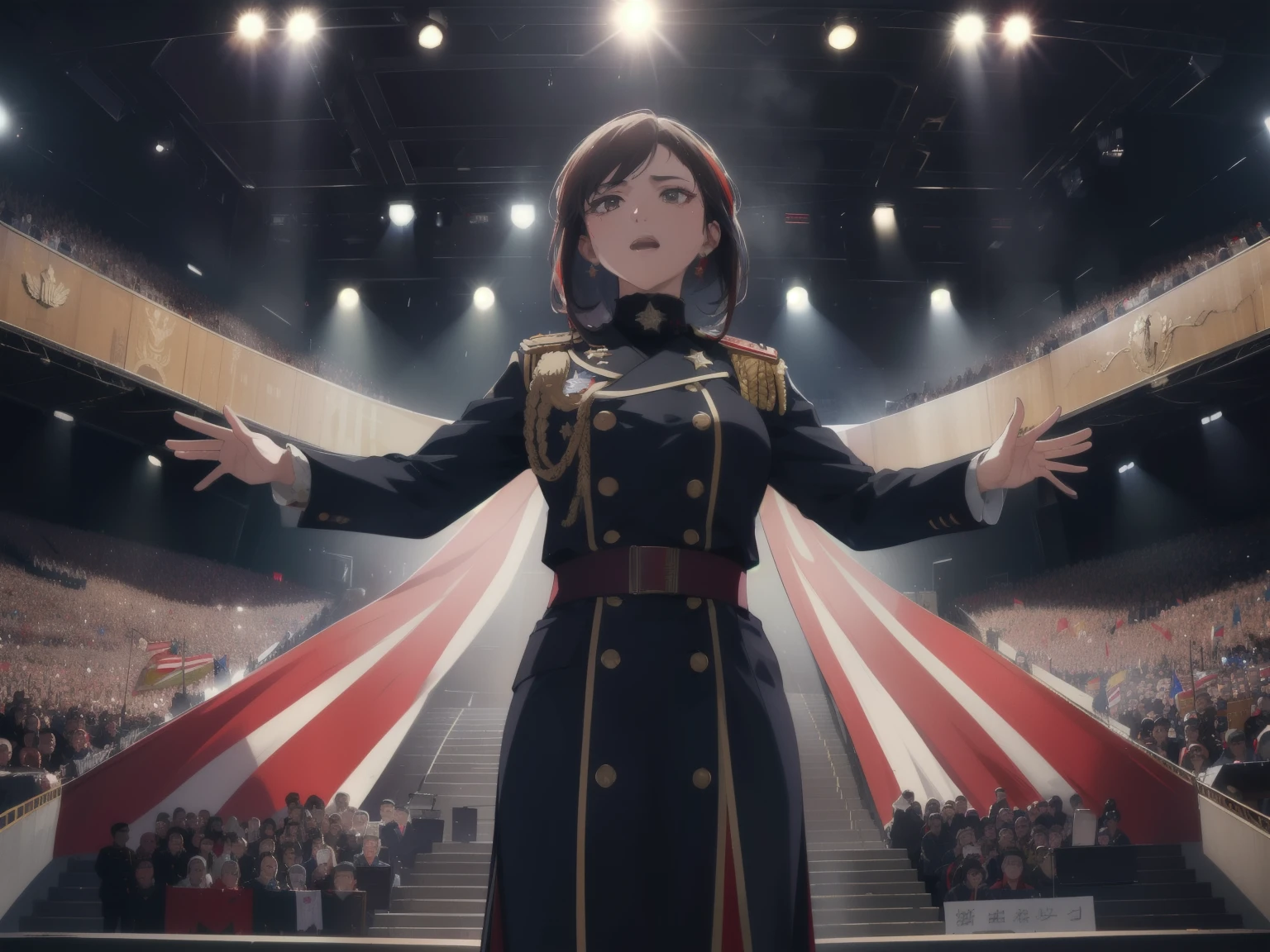 best quality, 4k, 8k, highres, masterpiece:1.2, ultra-detailed, cinematic, intricate details, freedom, rights, democracy, dictatorship, political protest, powerful, emotive, expressive, vivid colors, dynamic composition, impactful, thought-provoking,Sloppy, lazy,(((Female dictator giving a speech on stage)))