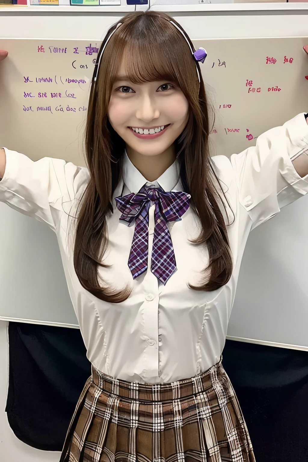 nsfw,Cute Japanese 、High 、Checkered mini skirt、White shirt with front opening、Twin tails、Headband、Happy smile、School Library、