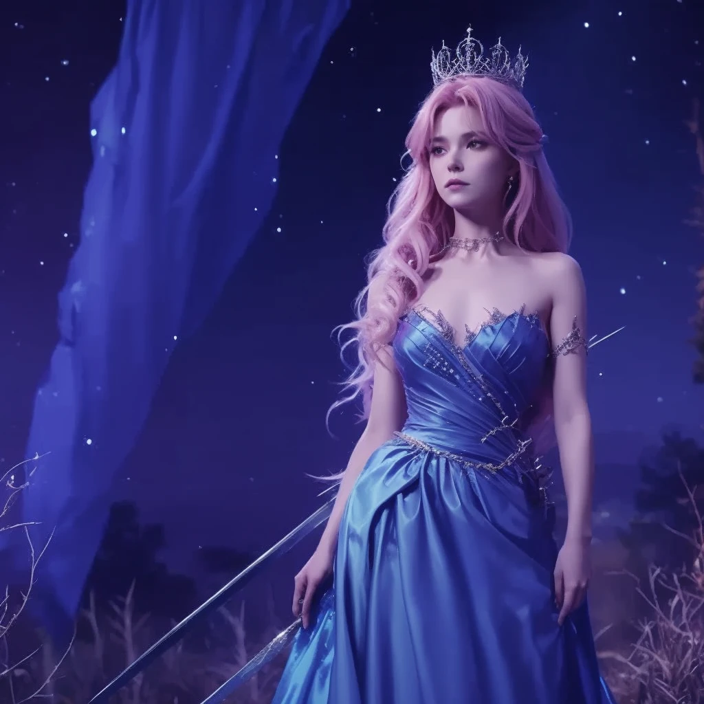 The image is a digital illustration of a young woman with long pink hair and a crown of thorns on her head. She is standing in a forest with trees and bushes in the background. The woman is wearing a blue and purple dress with a ruffled skirt and a high neckline. She has a sword in her hand and is looking off to the side with a serious expression on her face. The overall mood of the image is dark and mysterious.