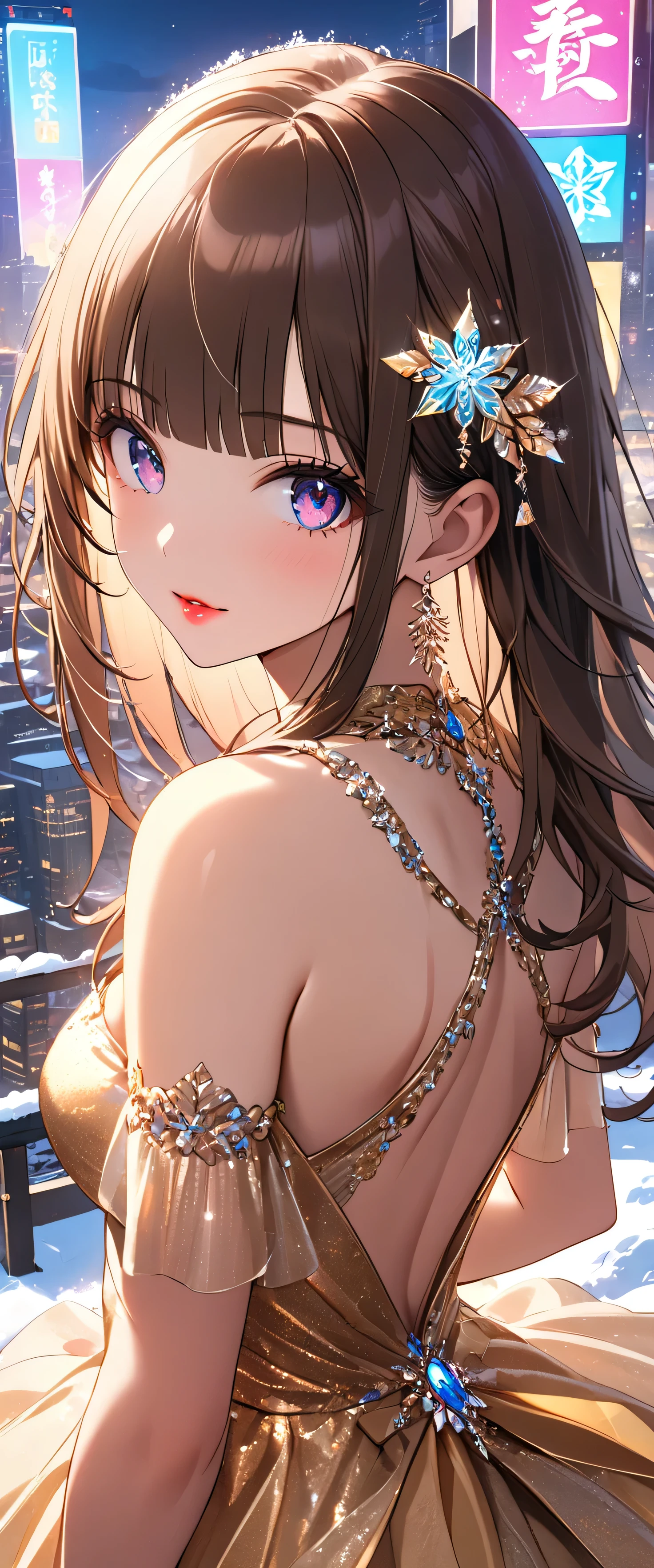 (beautiful girl:1.3),1girl,masterpiece,Highest quality,Ultra-high resolution,rich contrast,super high quality,8k,Highly detailed CG unit wallpaper,texture,Incredibly absurd,Ultra-high resolution,Highest quality anime,anime-style illustration,studio anime style,professional photograph,an extremely delicate and beautiful,RAW Photos,Depth of Field 1.2,ultra-detailed eyes,Glowing Skin,Beautiful glossy lips,Glitter effect,(blunt bangs,straight hair,brown hair),Highly detailed golden sexy dress,Glossy lipstick,Perfect Makeup,Ultra-high definition beauty face,Huge building,metropolis,voluptuous,(Standing on the rooftop of a skyscraper in Cyber City),(Panoramic View),night,Detailed neon lights,starlight,((snow,snow crystals)),illumination festival,dazzling light displays,sparkling lights reflecting on snow, pink neon light,Gazing at the view
