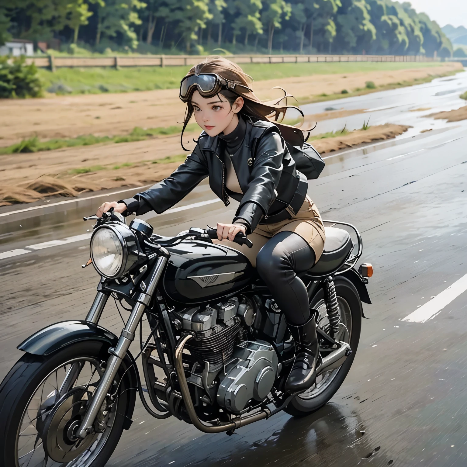 Vintage Bike、victory、Isle of Man Race、(A young female rider is sprinting on a motorcycle)、Leather Jumper、Cronwell Helmet、With goggles、 after rain、British countryside、