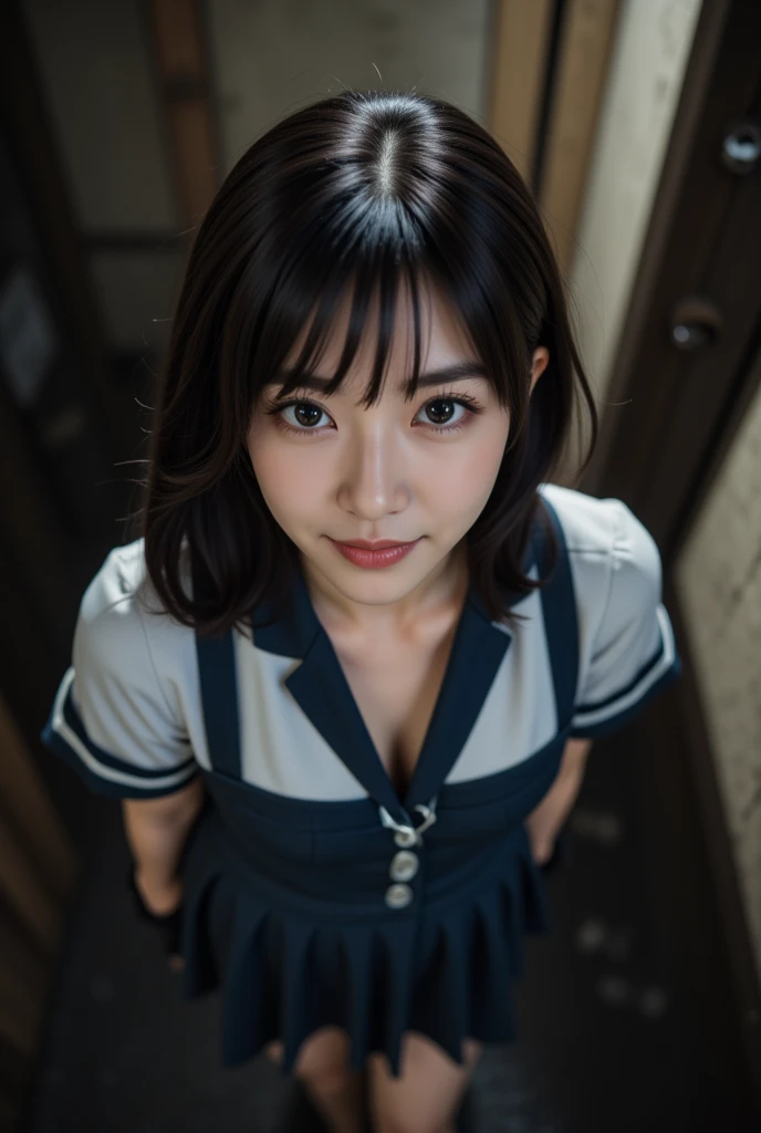   volume release for one photo,  (Best Quality,masterpiece:1.3,   ultra high resolution),(Super detailed,caustics,8k),(  photorealistic :1.4,RAW shooting),18 years old,cute, no makeup in the coal mine,Japanese,  Medium Bob Black Hair  、(uniform),(smile), looking up at the camera ,classroom,(High situation:1.3),(High Angle:1.3),  Force Low-Angle Composition ,all nude