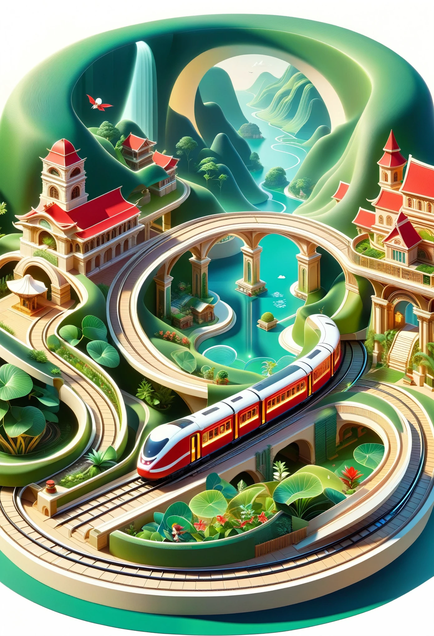  Digital Illustration ，flat style，flat，3d， platform ， magic station 。 train arrives  ， platform ， Ancient buildings， curved track ，  extra long red train station，  floating train  ：1.37，Train side ：1.37， aerial track ，Cute Elf， transparent train ， train full of plants ，High-end，Advanced，clean，Neat，