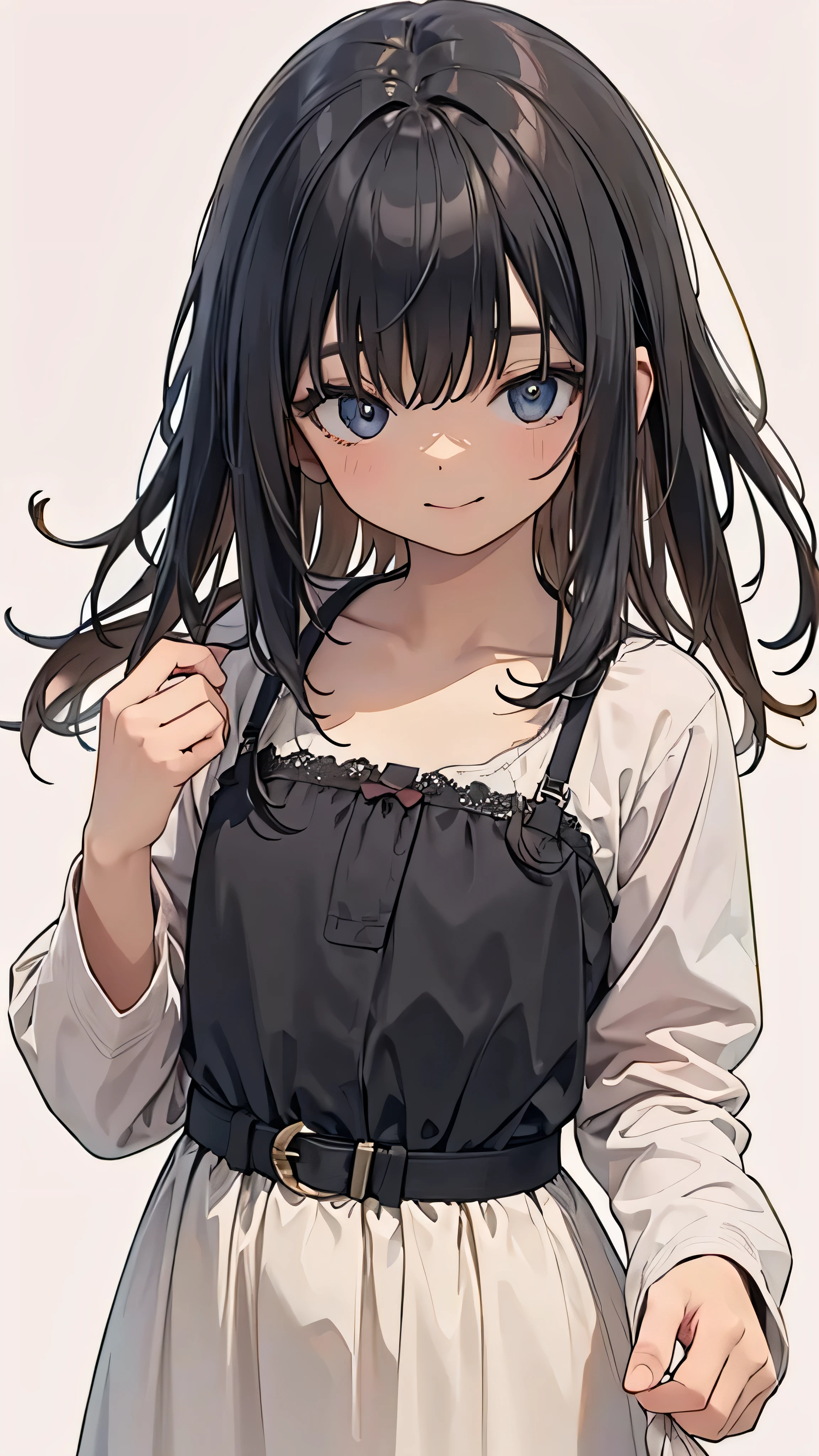 (masterpiece, Best Quality, Official Art:1.2),  one woman, plain background ,  super precise illustrations , highly  Details,  Dynamic Angle, beautiful  Details, 8k, (Best Quality, masterpiece,  high resolution on down,  Details),  anime style , (beautiful details,  beautiful lip detail touching the chest, very detailed eyes and face), smooth brushstrokes, Black Hair, smile,  Dynamic Angle, (( vintage , plain background ),  gorgeous dress , Flat chest, lower-class