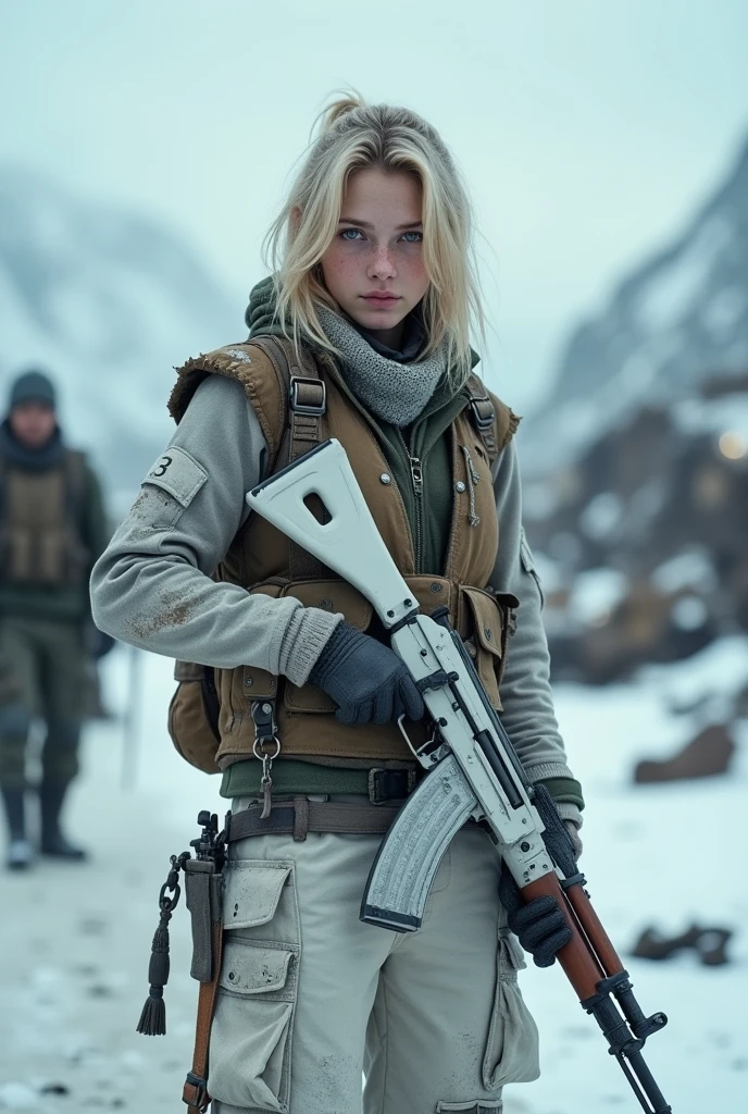 8K.,((masterpiece: 1.2, best quality)),Movie,Official Art,Propaganda Art,Movie wallpaper, (Blonde German girl in white combat uniform), (Height 177)(White clothes and shorts), Show your thighs, Low angle shot of a man holding a gun in the snow, Stuck in winter battle. Shoot in style, The scene includes multiple female soldiers holding rifles on the front line. This photo was taken in an otherworldly fantasy world. Cool color temperature,Slightly blue, Conveys a feeling of coldness and tension. The lighting effects are very dramatic,Harsh shadows and highlights, Highlight the fierce expression of a woman. Shot with Sony A7R IV,The aperture is f/2.8, ISO 1600, Shutter speed is 1/200 seconds. UHD dtm HDR 8K.