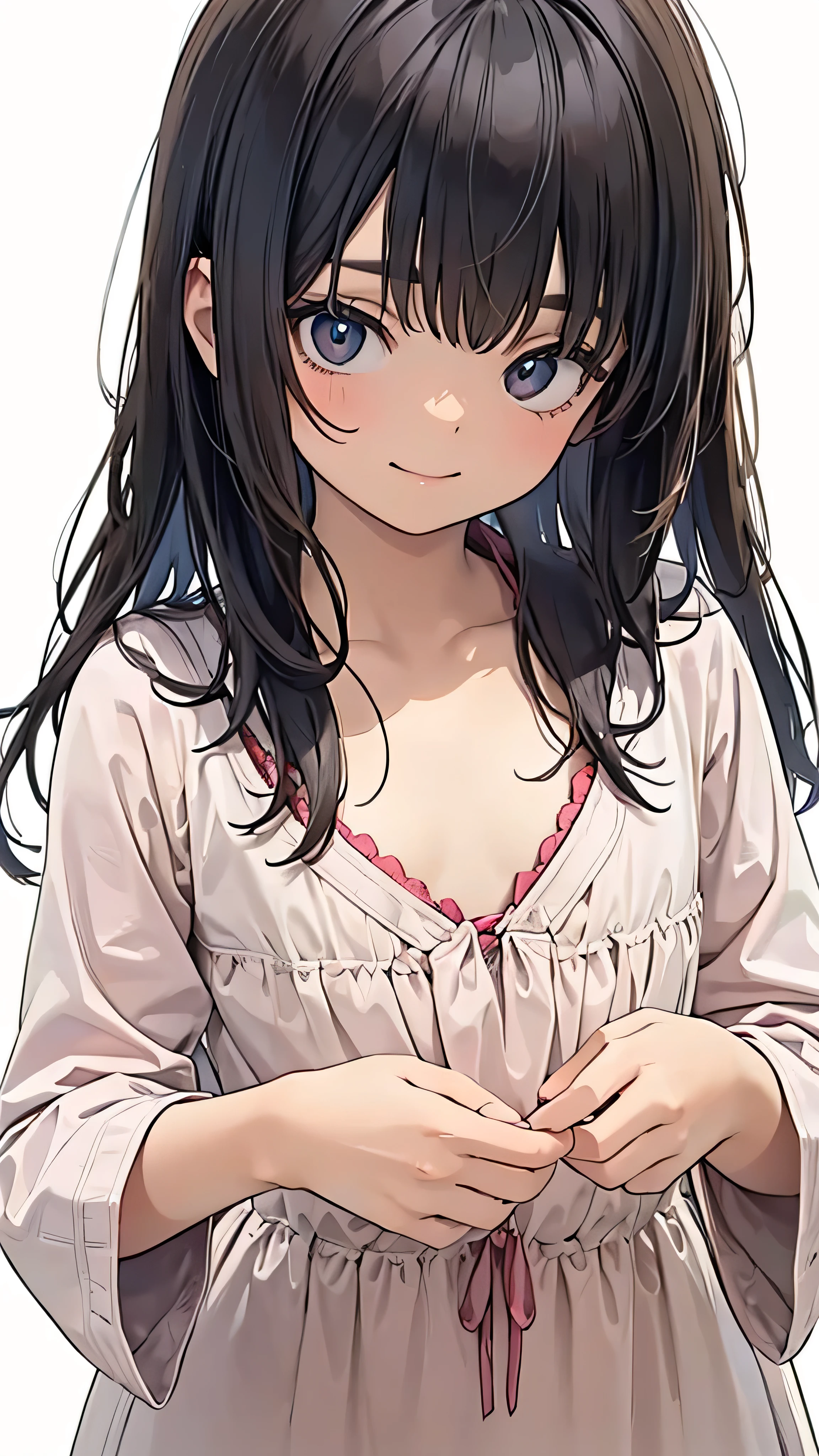 (masterpiece, Best Quality, Official Art:1.2),  one woman, plain background ,  super precise illustrations , highly  Details,  Dynamic Angle, beautiful  Details, 8k, (Best Quality, masterpiece,  high resolution on down,  Details),  anime style , (beautiful details,  beautiful lip detail touching the chest, very detailed eyes and face), smooth brushstrokes, Black Hair, smile,  Dynamic Angle, (( vintage , plain background ),  gorgeous dress , Flat chest, lower-class