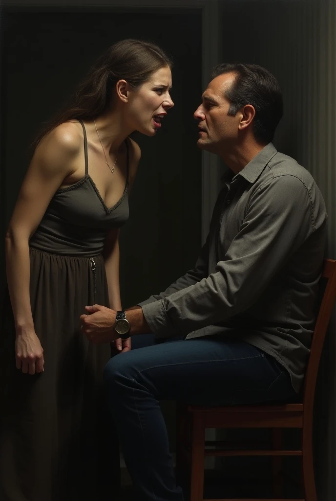 30 year old woman, beautiful and angry giving orders to her husband. The woman on the side and him too,  he seems scared by the woman&#39;s order.  