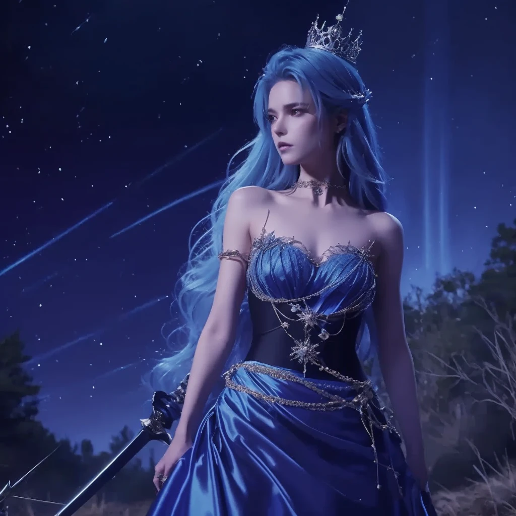 The image is a digital illustration of a young woman with long blue hair and a crown of thorns on her head. She is standing in a forest with trees and bushes in the background. The woman is wearing a blue and purple dress with a ruffled skirt and a high neckline. She has a sword in her hand and is looking off to the side with a serious expression on her face. The overall mood of the image is dark and mysterious.