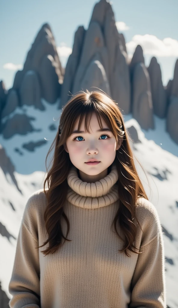 Best Quality,  absurd,  very detailed, In the mountains_this,  1 girl, Alone_concentrated,  please lower your hair 、High neck knit、 beige knit