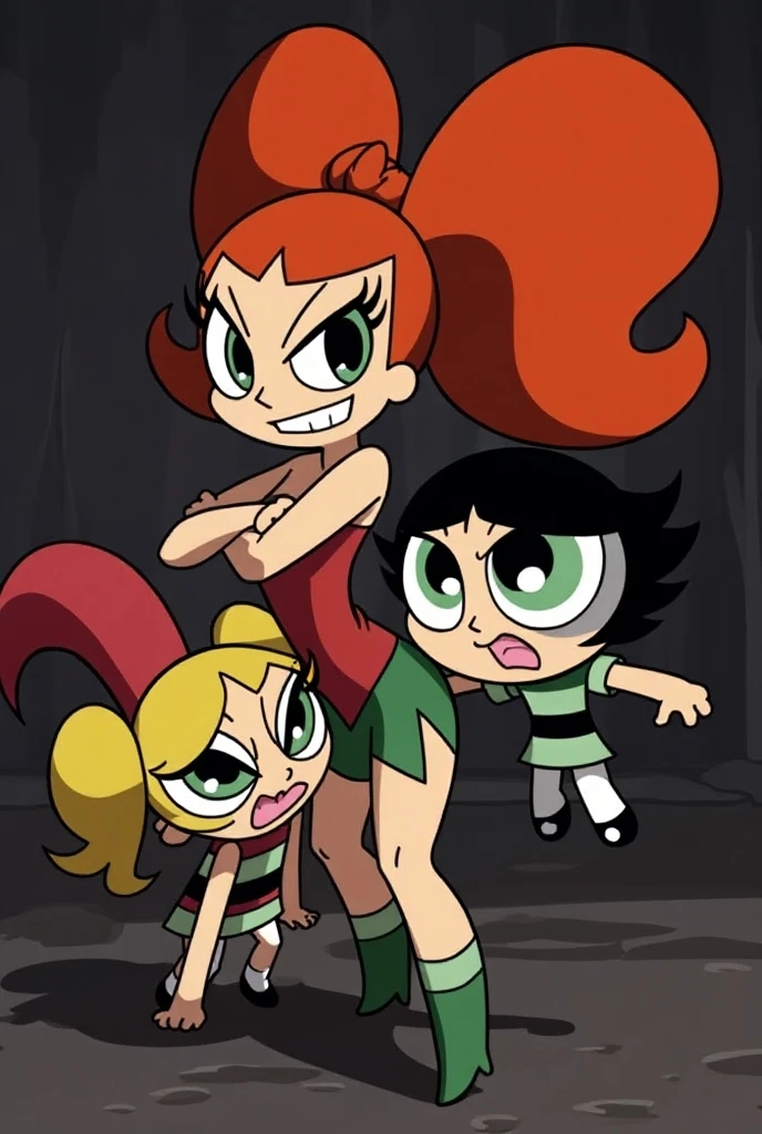 dbv1, orange long hair, black hairband, black choker arround neck, naked shoulders, medium Breasts hanging, purple eyes, 3 girls, full body shot, long legs, black platform high heels, all fours, SIDE shot, smile, looking at viewer, city , teen, cute, perfect body, all fours, medium Breasts hanging, black corset strapless, black panties, cute ass, Long Legs, black platform high heels sandals, looking at viewer, shame face , shame eyes, suffering face, pain face, hands tied to the cealing, tied girl,, caterpillar bug machine inserted inside vagina, caterpillar bug machine between her legs over her vagina, hands tied, anckles tied to the floor, spread legs, anckles tied to the floor, full body against torture machine, dark background, 2 more teen cute girls tied being tortured with worm machine in the background. 、slender ,