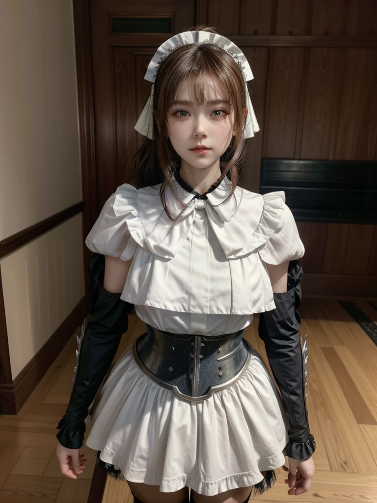 (masterpiece, Best Quality, Absurd:1.2), OlnaRberal ,  ponytail, Maid head dress, Maid,  dress, Maid head dress, Maid, armored  dress,  Gauntlet ,  hair bow, shirt, Cape, Brown pants,  boots