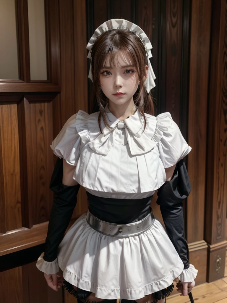 (masterpiece, Best Quality, Absurd:1.2), OlnaRberal ,  ponytail, Maid head dress, Maid,  dress, Maid head dress, Maid, armored  dress,  Gauntlet ,  hair bow, shirt, Cape, Brown pants,  boots