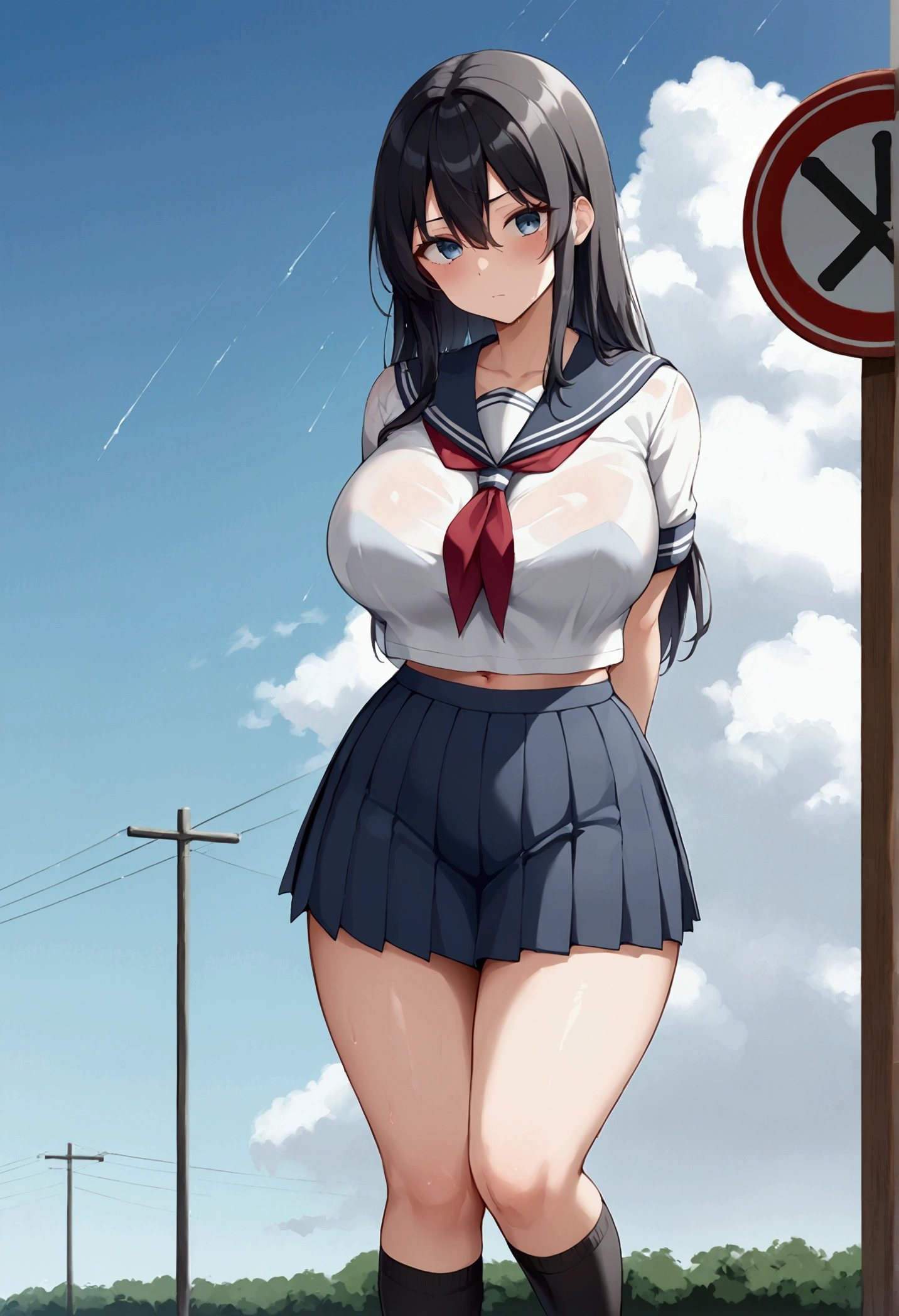 (masterpiece, best quality), 1girl, bbyorf, short hair with long locks, white hairband, red eyes, gold earrings, large breasts, white collared shirt, plaid skirt, necktie,looking at viewer,  arms up,  (spread legs standing:1.1) , ,   juice,  socks, shoes,clenched teeth ,(scowl ,blush:1.2), yellow eyes, (street:1.2), night sky,NSFW,official art,extremely detailed CG unity 8k wallpaper, perfect lighting,Colorful, Bright_Front_face_Lighting, (masterpiece:1.0),(best_quality:1.0), ultra high res,4K,ultra-detailed, photography, 8K, HDR, highres, absurdres:1.2, Kodak portra 400, film grain, blurry background, bokeh:1.2, lens flare, (vibrant_color:1.2) (Beautiful,medium_Breasts:1.4), (beautiful_face:1.5),(narrow_waist),(perfect hands, perfect anatomy),