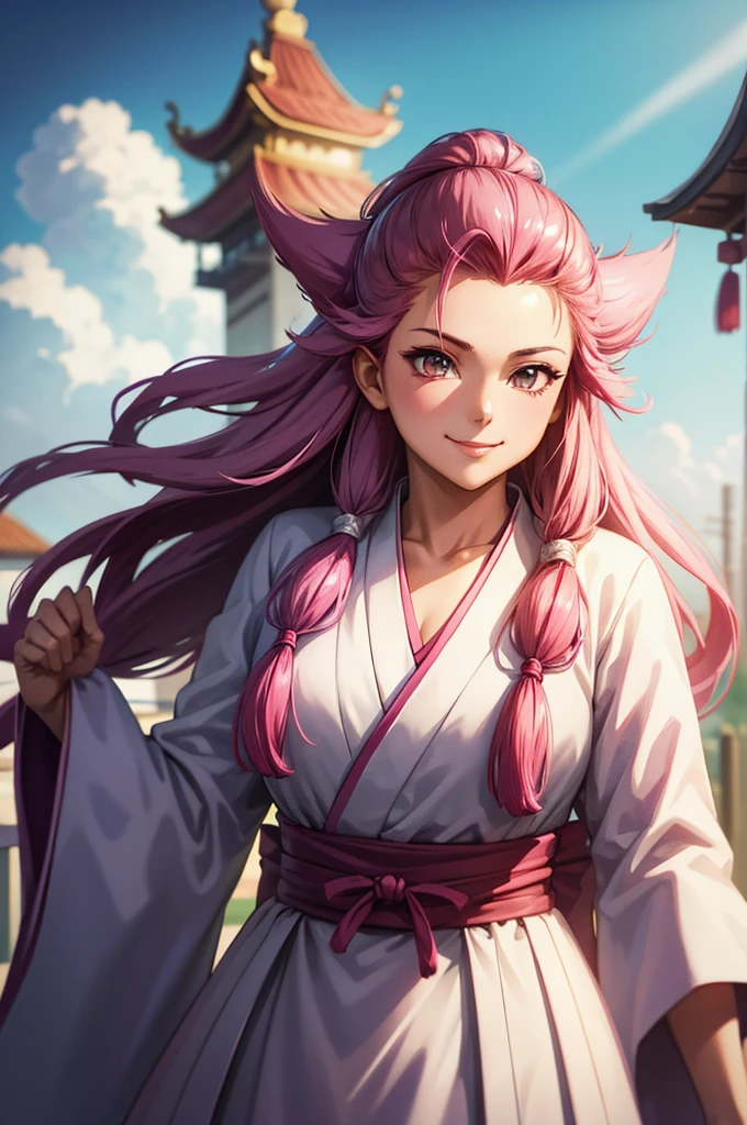 1 girl, smile, pink hair, long hair, antenna hair,  white kimono, ahoge, hair slicked back, dress, Chinese old castle in the background, cinematic lighting, cowboy shot, close-up, UHD, retina, masterpiece, accurate, anatomically correct, textured skin, super detail, high details, high quality, award winning, best quality, highres