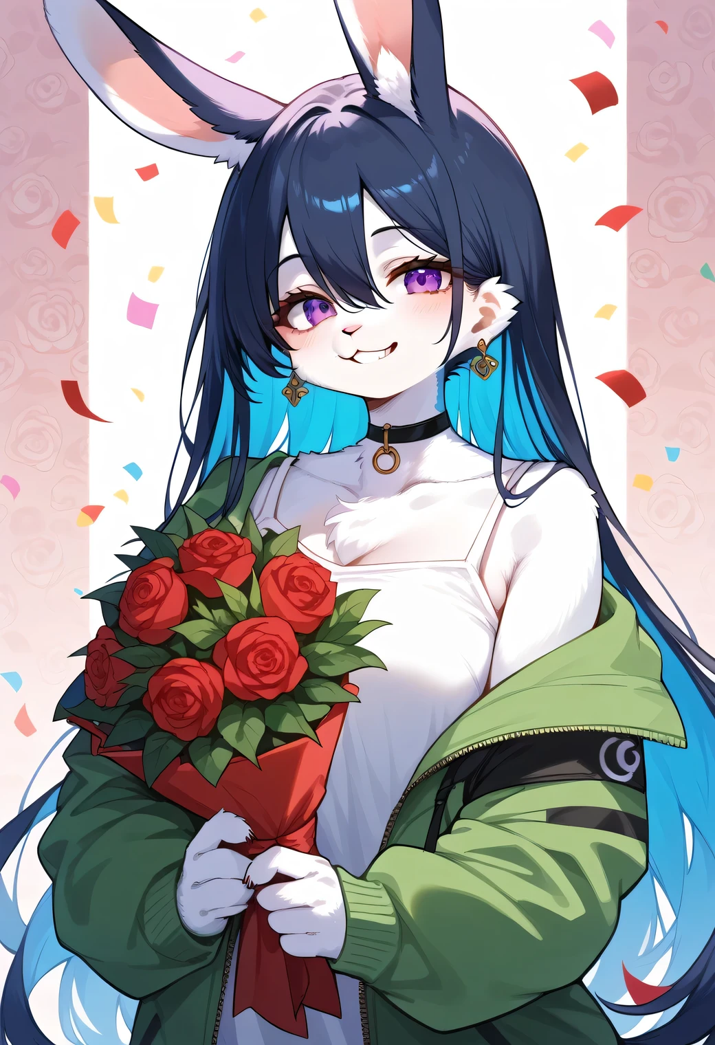 score_9, score_8_up, score_7_up, score_6_up, score_5_up, score_4_up, source_cartoon, best quality, amazing quality, very aesthetic, absurdres, 1girl, (furry, kemono:1.3), rabbit, rabbit girl, rabbit ears, solo, purple eyes, flower, smile, black hair, bouquet, long hair, looking at viewer, jacket, holding, choker, black choker, red flower, confetti, jewelry, holding bouquet, earrings, hood, multicolored hair, stud earrings, grin, upper body, green jacket, hoodie, white shirt, hair between eyes, hair behind ear, rose pattern background, blue hair, off shoulder, rose (flower), shirt, white hoodie