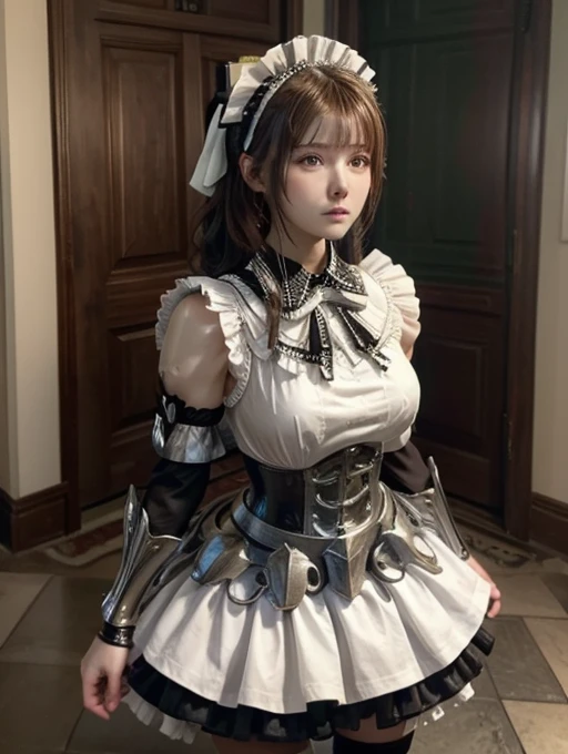 (masterpiece, Best Quality, Absurd:1.2), OlnaRberal ,  ponytail, Maid head dress, Maid,  dress, Maid head dress, Maid, armored  dress,  Gauntlet ,  hair bow, shirt, Cape, Brown pants,  boots