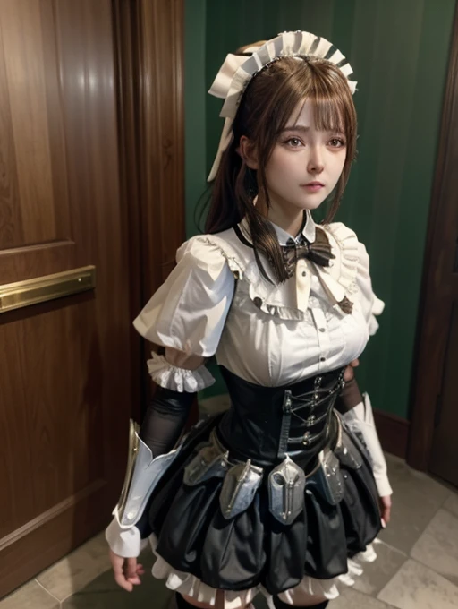 (masterpiece, Best Quality, Absurd:1.2), OlnaRberal ,  ponytail, Maid head dress, Maid,  dress, Maid head dress, Maid, armored  dress,  Gauntlet ,  hair bow, shirt, Cape, Brown pants,  boots