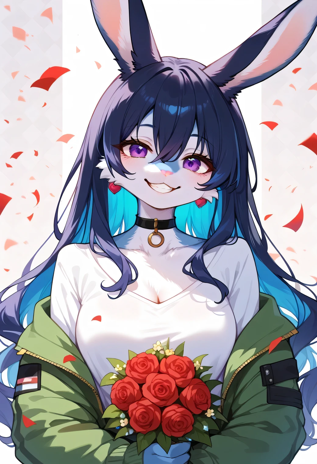 score_9, score_8_up, score_7_up, score_6_up, score_5_up, score_4_up, source_cartoon, best quality, amazing quality, very aesthetic, absurdres, 1girl, (furry, kemono:1.3), rabbit, rabbit girl, rabbit ears, solo, purple eyes, flower, smile, black hair, bouquet, long hair, looking at viewer, jacket, holding, choker, black choker, red flower, confetti, jewelry, holding bouquet, earrings, hood, multicolored hair, stud earrings, grin, upper body, green jacket, hoodie, white shirt, hair between eyes, hair behind ear, rose pattern background, blue hair, off shoulder, rose (flower), shirt, white hoodie