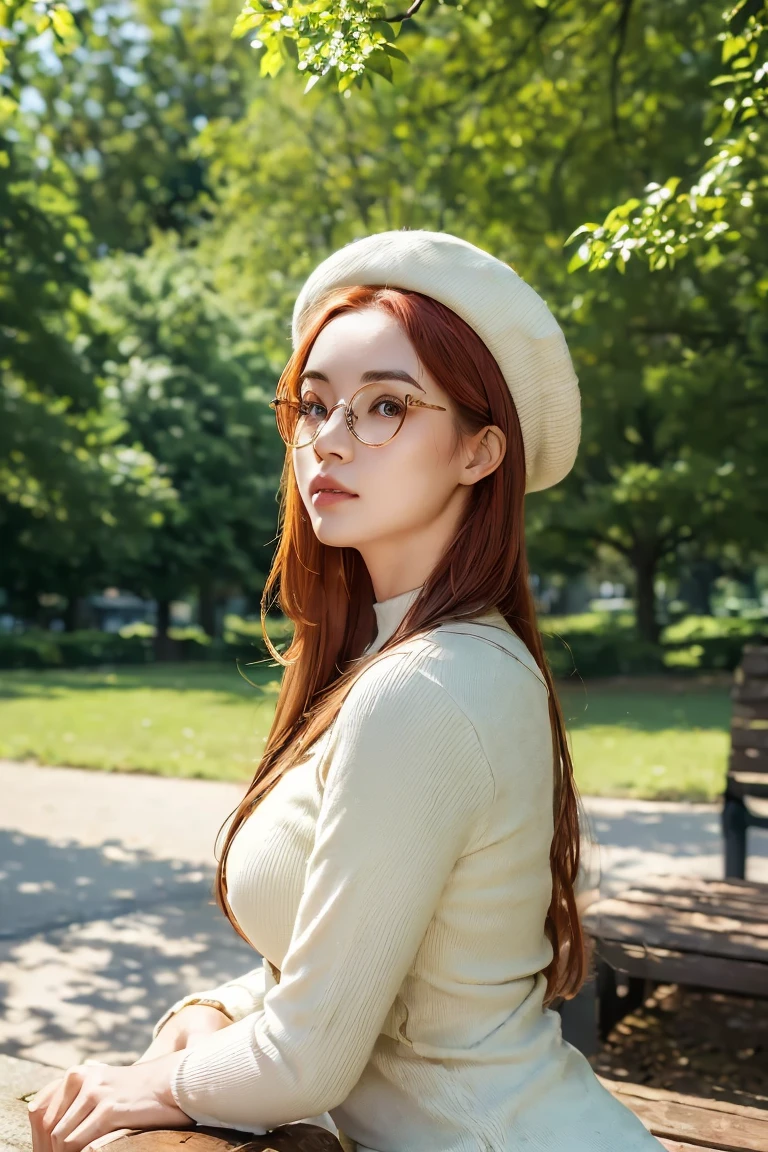 (((Best quality, 8k, Masterpiece: 1.3)), ((best quality)), ((masterpiece)), (detailed), perfect face, perfect body, (detailed skin:1.3), (intricate details), young woman in her twenties with short red braids walks through a peaceful park. She wears a beret and large, round glasses, adding a touch of artistic style to her casual outfit. The park is filled with greenery, and the sun casts dappled light through the trees, creating a serene atmosphere. The woman appears calm and thoughtful, her hands loosely at her sides as she enjoys the scenery around her. In the background, there are park benches, winding pathways, and scattered autumn leaves.