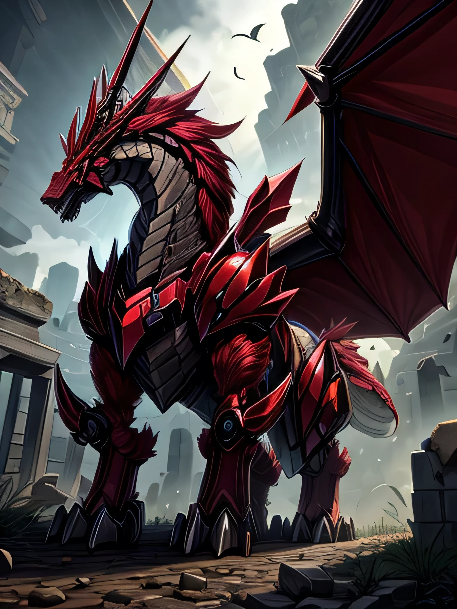 Detailed 8k quadruped behemoth dragon robot with big wings, red(from the waist up)Inside the ruins 