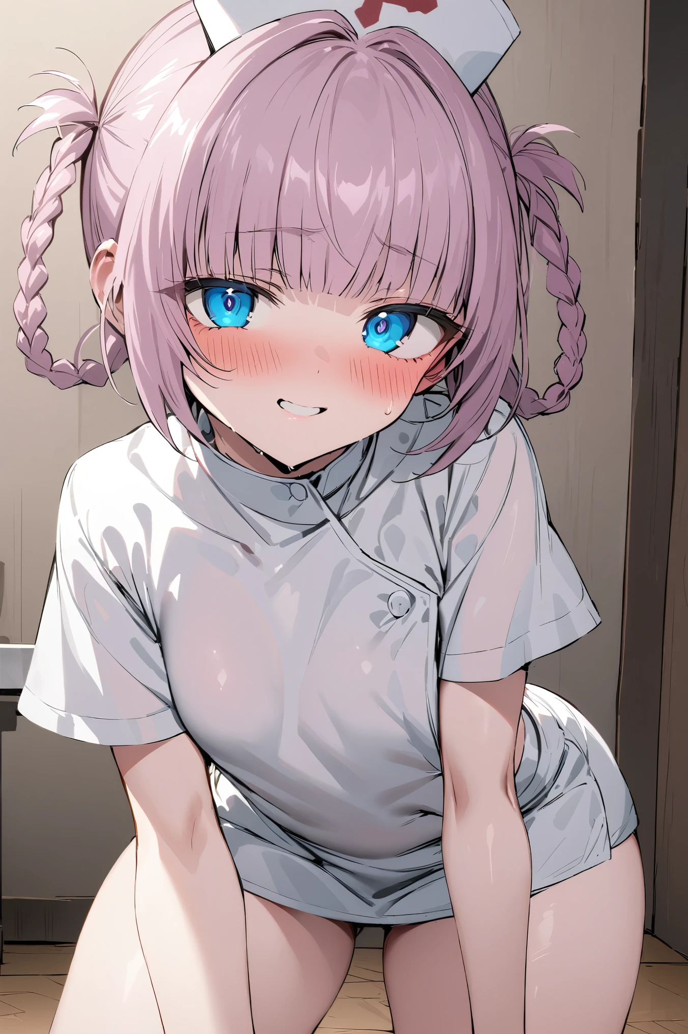 NSFW,masterpiece,Best Quality, high resolution on down, very detailed,Nanakusa Nazuna \(Night Song\),Pink Hair, braided ,bangs, blue eyes,tooth,nurse,Nurse uniform, miniskirt