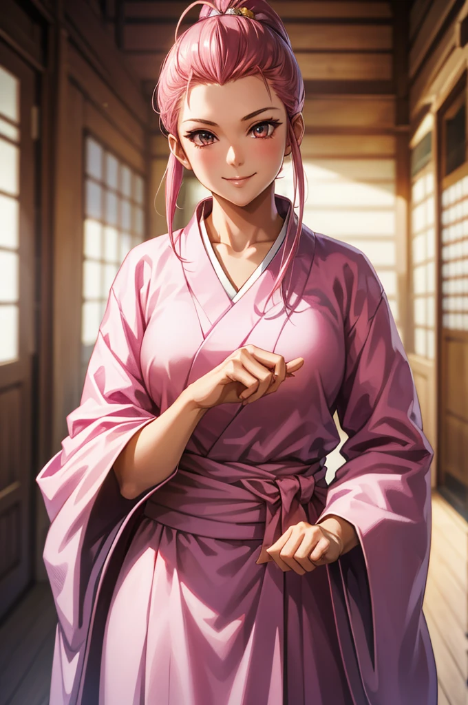 1 girl, smile, pink hair, もみあげ, long hair, antenna hair,  white kimono, ahoge, hair slicked back, dress, Chinese old castle in the background, cinematic lighting, cowboy shot, close-up, UHD, retina, masterpiece, accurate, anatomically correct, textured skin, super detail, high details, high quality, award winning, best quality, highres