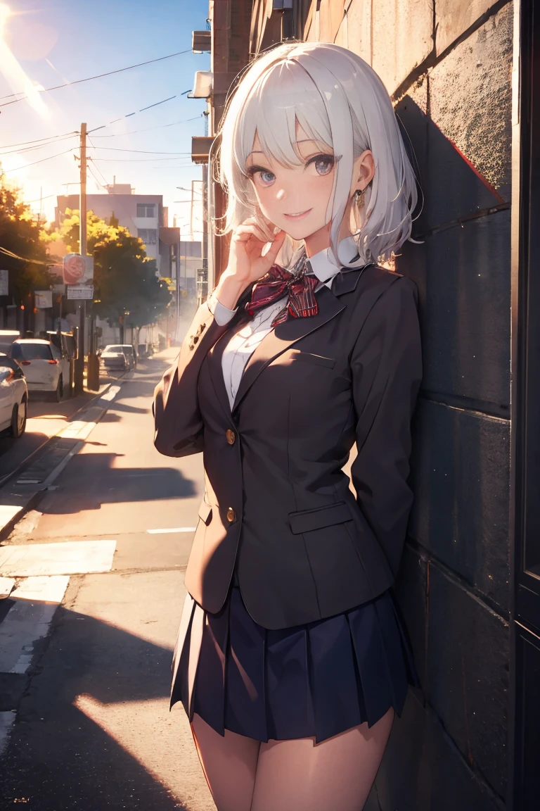 Top quality, Tattoo, 1 beautiful woman, white hair, shy-smile, Sunlight, school uniform, blazer, skirt