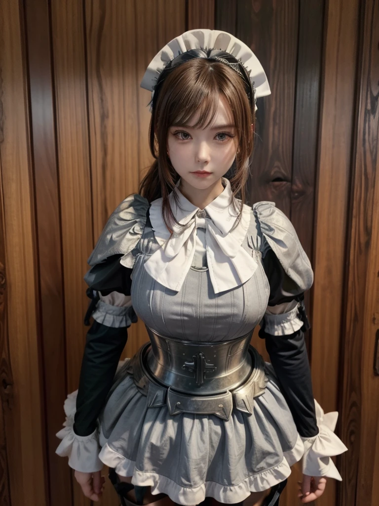 (masterpiece, Best Quality, Absurd:1.2), OlnaRberal ,  ponytail, Maid head dress, Maid,  dress, Maid head dress, Maid, armored  dress,  Gauntlet ,  hair bow, shirt, Cape, Brown pants,  boots