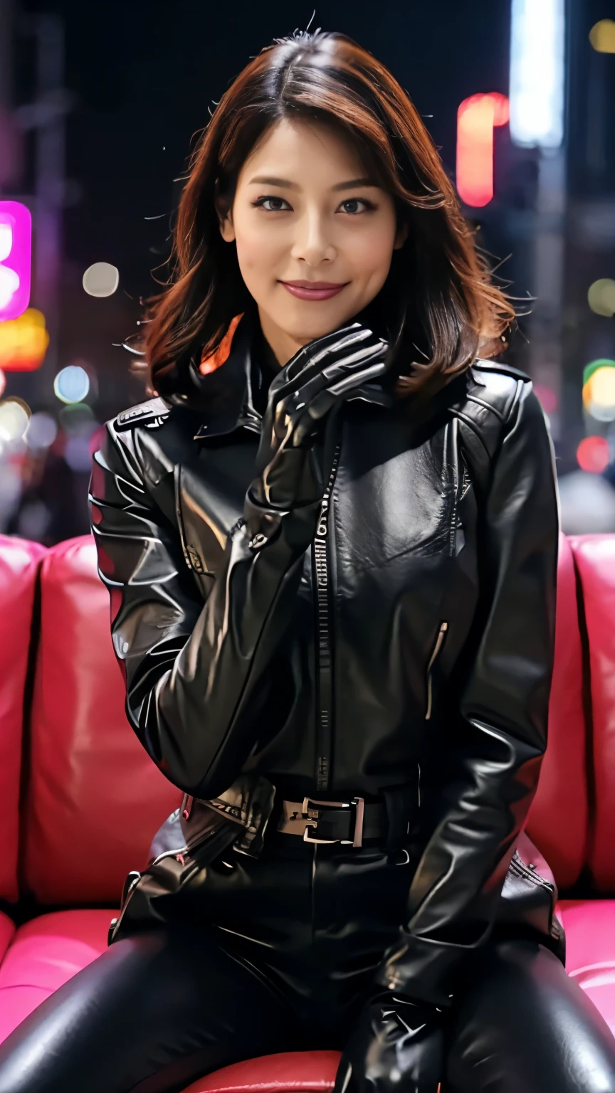 black leather rider jacket, Office in the Dark, Black leather gloved fingertips on both hands,Wearing black leather gloves,Sitting in a black leather chair、 Japanese female new recruits (Black leather gloves cover both hands) (The angle is horizontal)、Black Leather Pants,Black Leather Black Leather Pants,Black Leather Skinny Pants、very tight fit.   Long black leather boots on both feet、 dark hair ponytail ((She wears black leather gloves on her hands))Full Body Photo,full body shot full body full body leather suit,☺Leather pants tucked into long boots、Full body shot from head to toe、very tight fit. If you turn in this direction。Wearing black leather gloves,Wearing black leather gloves,Wearing black leather gloves,Wearing black leather gloves,Wearing black leather gloves,Wearing black leather gloves,黒のレザーパンツが美しい😍黒のレザーパンツが美しい😍黒のレザーパンツが美しい,😍Smiling while looking at me,City lights、(Cyberpunk City Street:1.3))、 Detailed Writing、

 best image quality、 ultra high resolution、( realism:1.4)、Korean Beauty Star、The most beautiful KPOP stars、face、Horny Korean Makeup、A body that makes you want to touch it、Realistic leather texture、Costume made of smooth leather fabric、The drape of the curved parts of the leather fabric、The costume is very shiny、Quality of the costume、8K Photo Quality