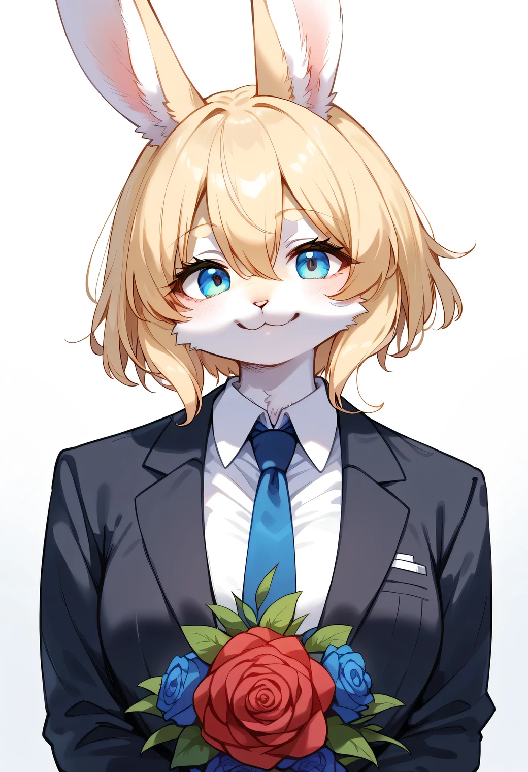 score_9, score_8_up, score_7_up, score_6_up, score_5_up, score_4_up, source_cartoon, best quality, amazing quality, very aesthetic, absurdres, 1girl, (furry, kemono:1.3), rabbit, rabbit girl, rabbit ears, female focus, flower, blonde hair, blue eyes, solo, necktie, blue necktie, shirt, bouquet, rose, looking at viewer, smile, red flower, collared shirt, formal, jacket, hair between eyes, short hair, upper body, suit, black jacket, grey shirt, bouquet, red rose, pink rose, blue rose, black shirt, holding, closed mouth, white background, (holding bouquet), gradient background, simple background