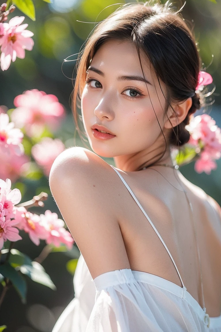slim body, 20 years old, twilight rays, wedding dress, corolla, ((Tokugawaen)), rose front bokeh, bokeh, photorealistic, surrounded by red roses, background, dark, smiling, (one girl), (sunset: 1.3), (8k, raw photography, best quality, masterpiece: 1.2), (realistic, photorealistic: 1.37), best quality, ultra high resolution, (focus surface:1.8), (Portrait:1.7), (Intense:1.1), (Details:1.1), (Highest Quality), (Analog:1.2), (High Sharp), Canon EOS R Photography, (Summer Dress:1.4), (Standing in a Flower Garden:1.3), (Vivid and Colorful:1.3)