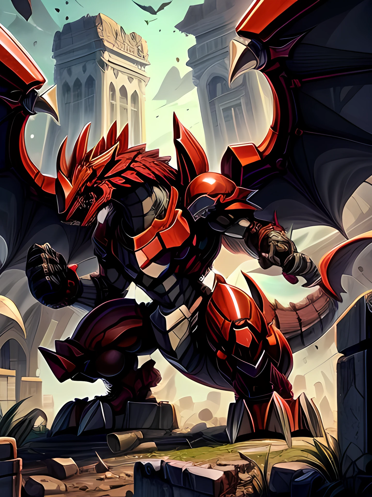 Detailed 8k Behemoth dragon robot with big wings, red(Humanoid body)Inside the ruins 