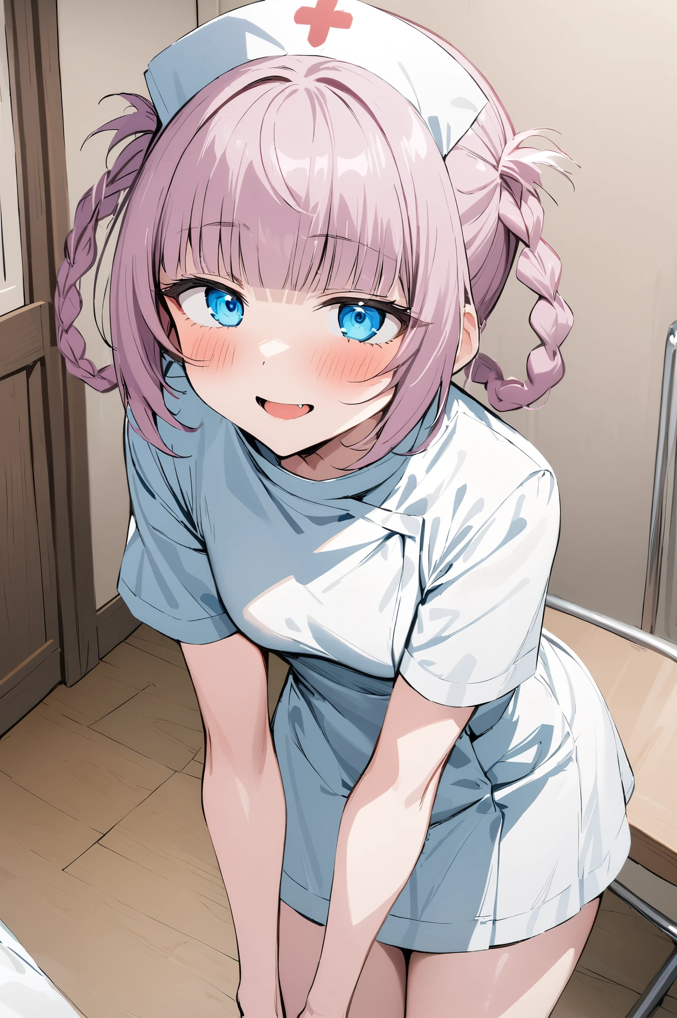 NSFW,masterpiece,Best Quality, high resolution on down, very detailed,Nanakusa Nazuna \(Night Song\),Pink Hair, braided ,bangs, blue eyes,tooth,nurse,Nurse uniform, miniskirt,hospital,Hospital room