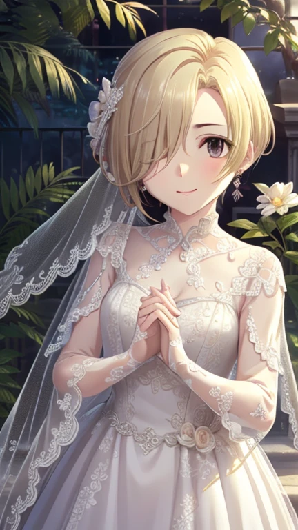  masterpiece, Best Quality,  high resolution on down,  beautiful detailed eyes ,   very detailed face , Good lighting,  CG in detail,  garden, A light smile, wedding dressジュエリー,  earrings for a woman alone, blonde hair, Hair over the eyes,  short hair ,  Brown Eyes ,  flat chest,(Perfect hands,  perfect anatomy),, five fingers 

