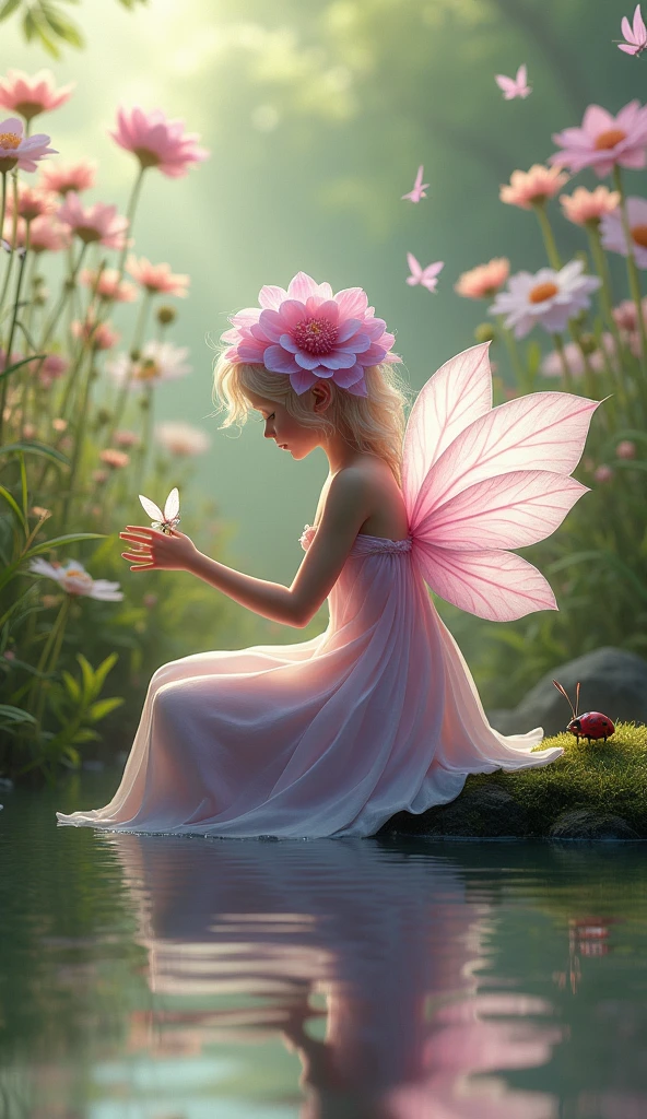  A fairy with wings sits on a blooming peony,  beautiful eyes，Cross your legs，Wear a dress with frills，