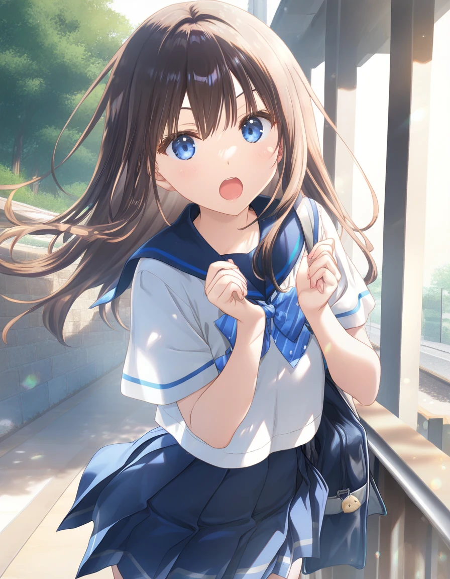 1girl, little female, school uniform, flat chest, open mouth, outdoors,wind, game CG break,((artist:shida_kazuhiro)),(artist:mitsumi_misato),(artist:fujiyama),,(masterpiece), (best quality), (ultra-detailed), very aesthetic, newest, beauty illustration,super detailed skin, shiny skin, (masterpiece), (best quality), (ultra-detailed), very aesthetic,new, newest, ,hi res,absurd_res,2023,2024,shaded,digital media (artwork), realistic lighting, 4k, 8k,