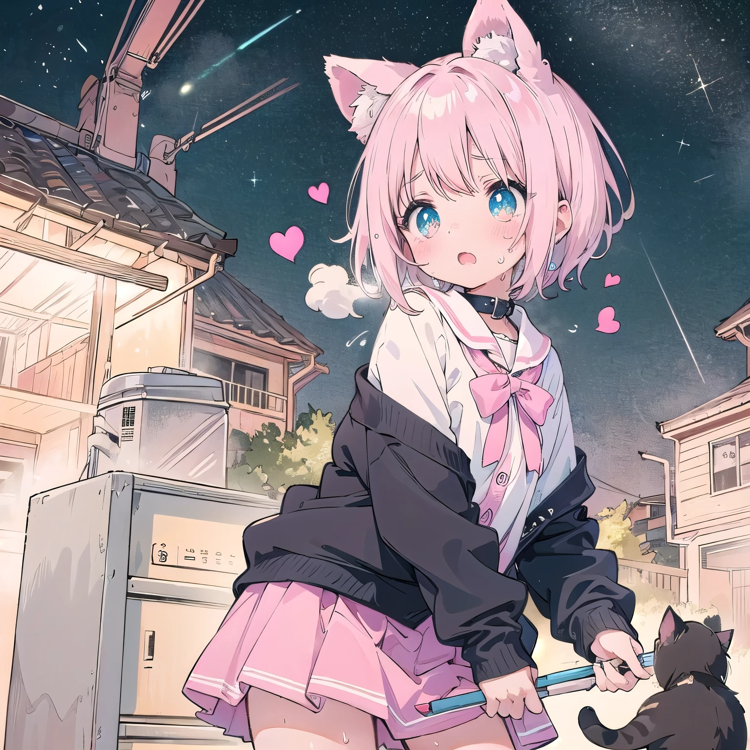 NSFW, Light pink inner color hair、 cardigans、 Pink Skirt、 wear a collar 、 look for 、Very beautiful and Sparkling Eyes、Sparkling Eyes、1 person、Cat ears、((((()))))、heart❤、((sweat、vapor))