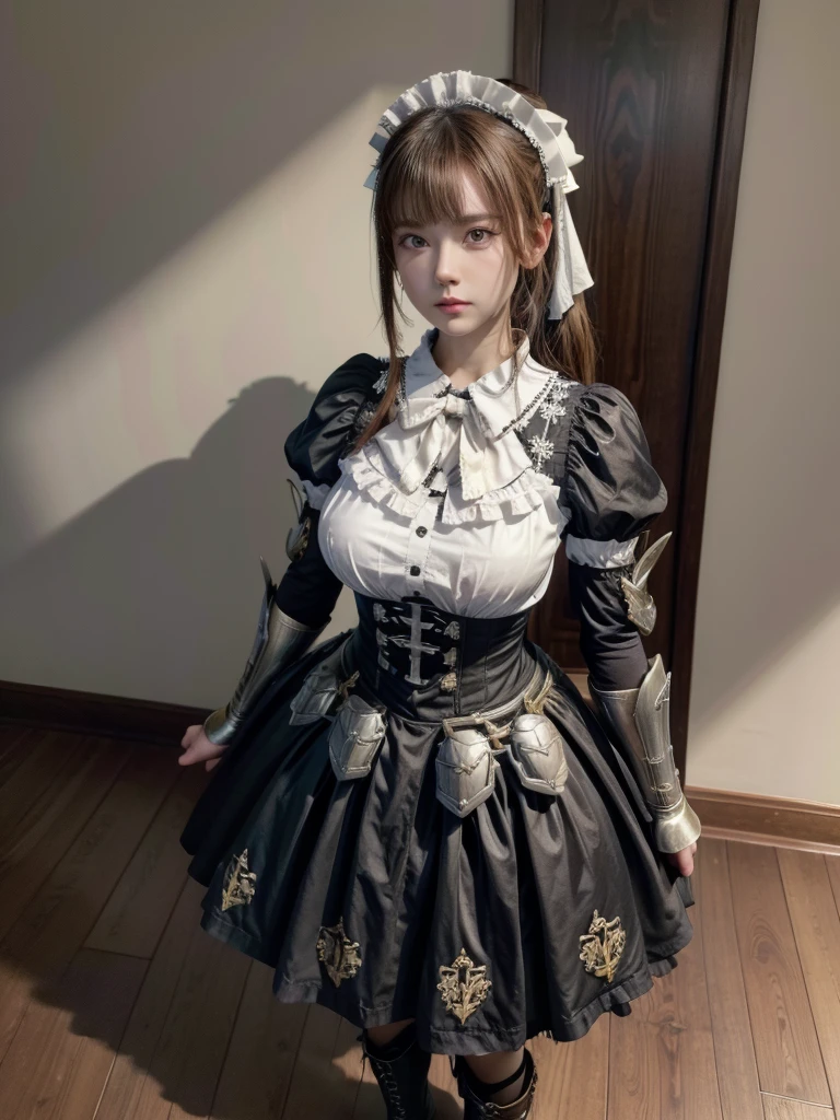 (masterpiece, Best Quality, Absurd:1.2), OlnaRberal ,  ponytail, Maid head dress, Maid,  dress, Maid head dress, Maid, armored  dress,  Gauntlet ,  hair bow, shirt, Cape, Brown pants,  boots、Large cross embroidery in the center of clothes, Maid, In the Ears of a Wolf , Brown Hair,  blond eyes ,  standing on the ground , high res,  ultra sharp , 8k, masterpiece パフィー・スカート
