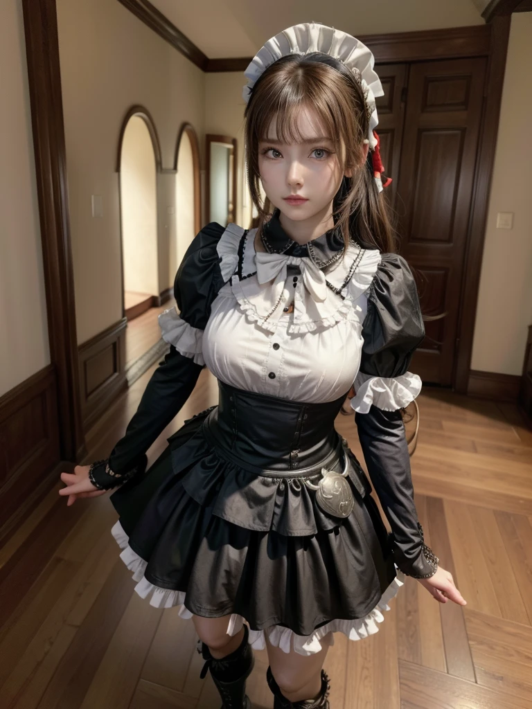 (masterpiece, Best Quality, Absurd:1.2), OlnaRberal ,  ponytail, Maid head dress, Maid,  dress, Maid head dress, Maid, armored  dress,  Gauntlet ,  hair bow, shirt, Cape, Brown pants,  boots、Large cross embroidery in the center of clothes, Maid, In the Ears of a Wolf , Brown Hair,  blond eyes ,  standing on the ground , high res,  ultra sharp , 8k, masterpiece パフィー・スカート
