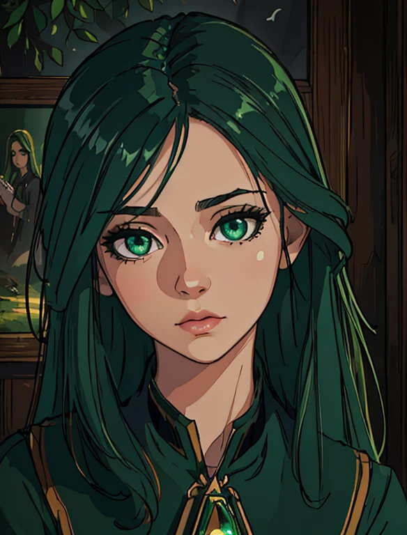 a beautiful young woman with striking emerald green eyes, detailed and vivid eyes with long eyelashes, elegant facial features, delicate skin, serene expression, detailed clothing, natural lighting, detailed background, (best quality,4k,8k,highres,masterpiece:1.2),ultra-detailed,(realistic,photorealistic,photo-realistic:1.37),portrait,cinematic lighting,soft colors,warm tones