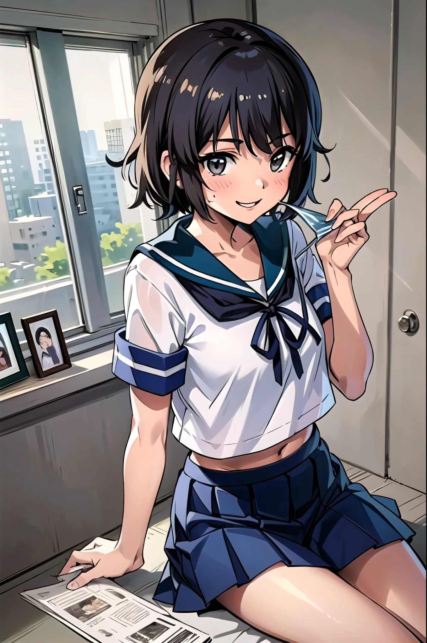 Miyuki KC ,  (masterpiece, Best Quality:1.2), Best Quality,  very detailed, masterpiece, 8k, high resolution on down, one girl playing pranks,Alone, ( office,  living room ,  bedroom), White Sailor Suit, Short sleeve, smile, School_uniform,(navy blue pleats_skirt), navy blue pleatsskirt, (  close-up shot ),Slender body, Petite,  short hair ,,(( panties), (Bra), ( Innerwear)))