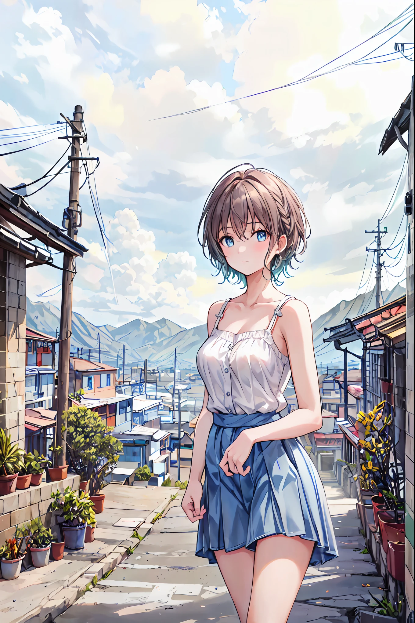 masutepiece, Best Quality,Illustration, Wallpaper, Ultra Detail, absurderes, 1little girl、 Solo, (Medium short hair、short braided hair), Beautiful ultra-detailed eyes , Hair fluttering in the wind、(Street), Beautiful sky,(a panoramic view:1.5),(Sense of depth:1.5),(longshot:1.5)