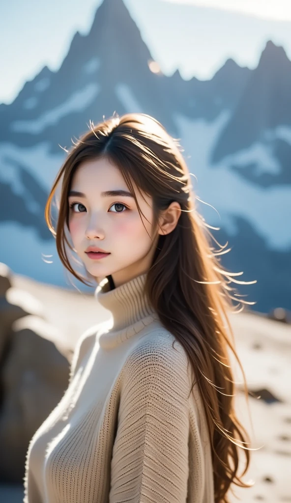 Best Quality,  absurd,  very detailed, In the mountains_this,  1 girl, Alone_concentrated, Staring at the top of the mountain 、 please lower your hair、High neck knit、 beige knit