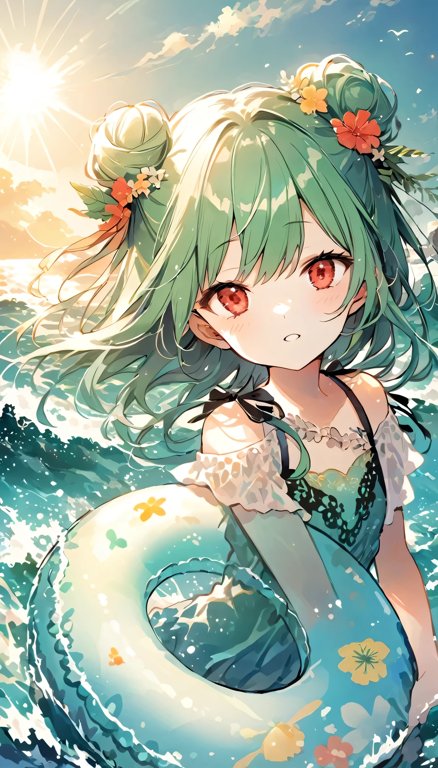 (((Young Girl)))、(( 1 girl)),( Red Eyes),（Short stature）,(Slanted Eyes),(( emerald green hair ))、( bun hair)、Young appearance、(( swimsuit))、In the water、One side of the sea、(((Girl ride on the innertube)))、Vector art、spirit of the wind、Backlight、Bright in backlight、Sun behind、Summer sky、cumulonimbus、Narrowed eyes and a happy look、cheek、The waves splash and the water shines beautifully.