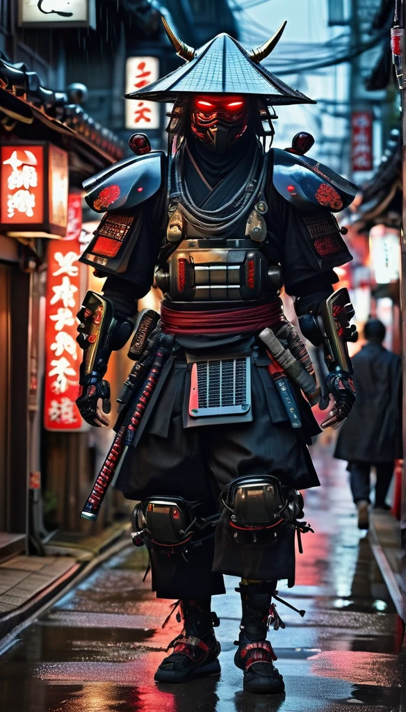 Two ninja shinobi cyberpunk robot cyborg .big thighs.Wallking street 
two samurais walking down a street at night, yasuke.Ninja wearing conical hat. shinobi Cyborg. Red eyes, devil mask, rain. Dark night. Equipped with Sword on back. Katana on back. Robot. gears. screws. lights. wires on back. Arresting monsters in alleys.real. tokyo. UE5 CGI,walking next to a highly detailed and realistic samurai robot bodyguard with humanoid features. The setting is an urban street that appears to be in Japan, with a background of bright city lights and signs. The contrast between traditional clothing and futuristic robots will be striking, emphasizing the blend of historical culture with cutting-edge technology.